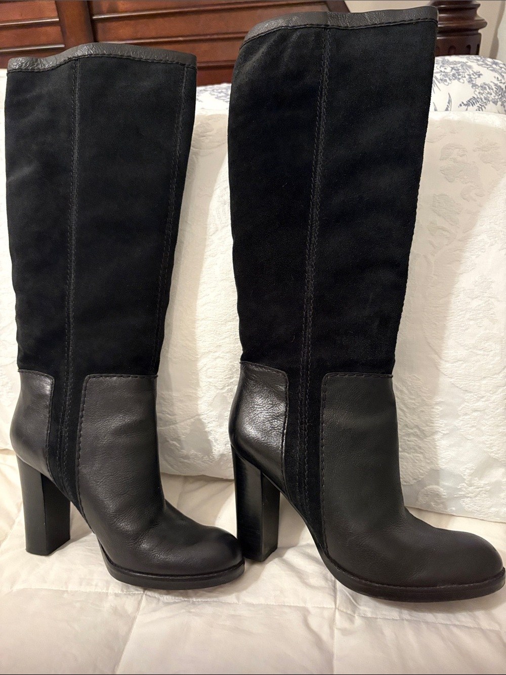 Nine West Black Leather and Suede Knee-High Block Heel Boots